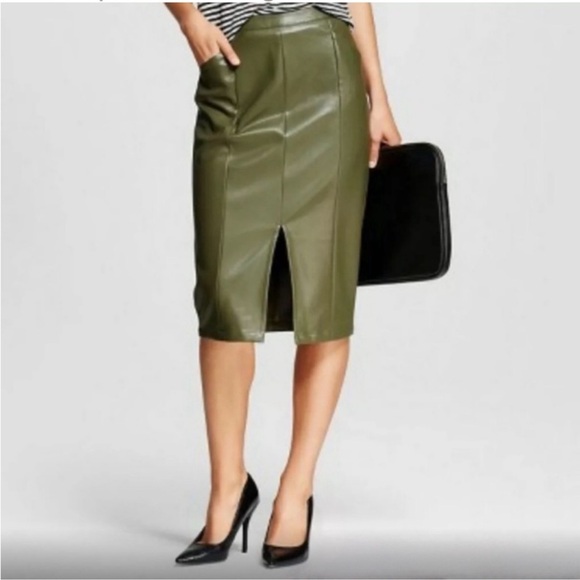 Olive Faux Leather Skirt with Front Slit - Picture 1 of 4